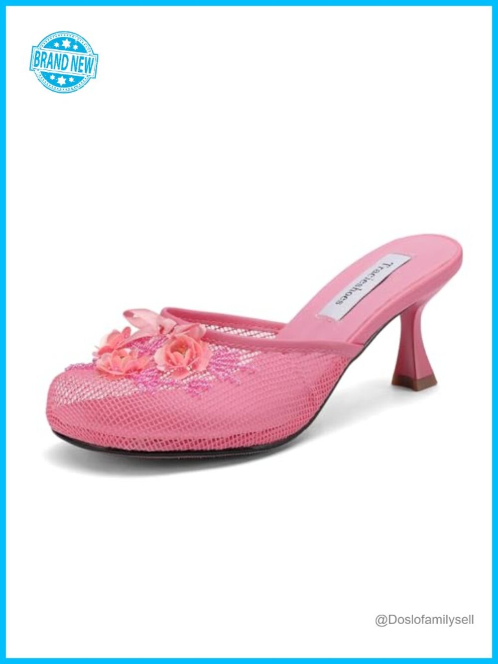 Faux Leather Mesh Mule Heels Kitten Heel Slip On Floral Embellished Round Toe